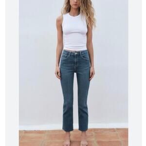 Zara TRF Flared Cropped High Waist Jeans Dark Wash Raw Hem Women’s Sz 8